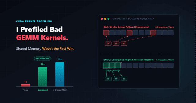 Featured image for I Profiled Bad GEMM Kernels. Shared Memory Wasn’t the First Win.